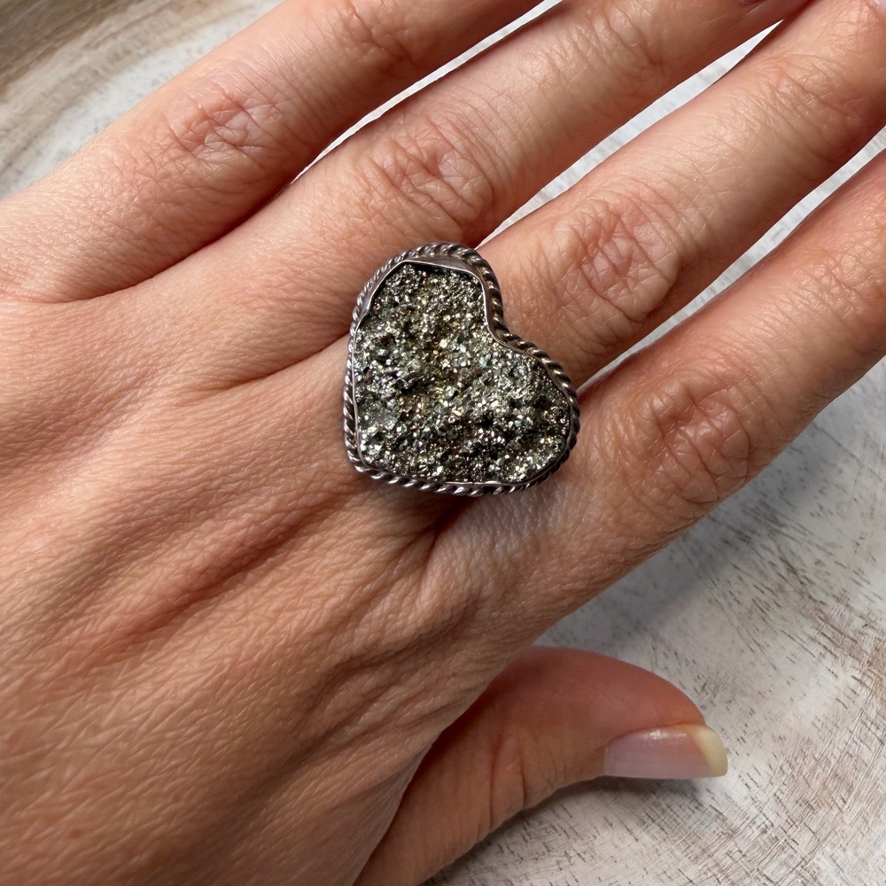 Silver Heart-Shaped Statement Ring pyrite stone